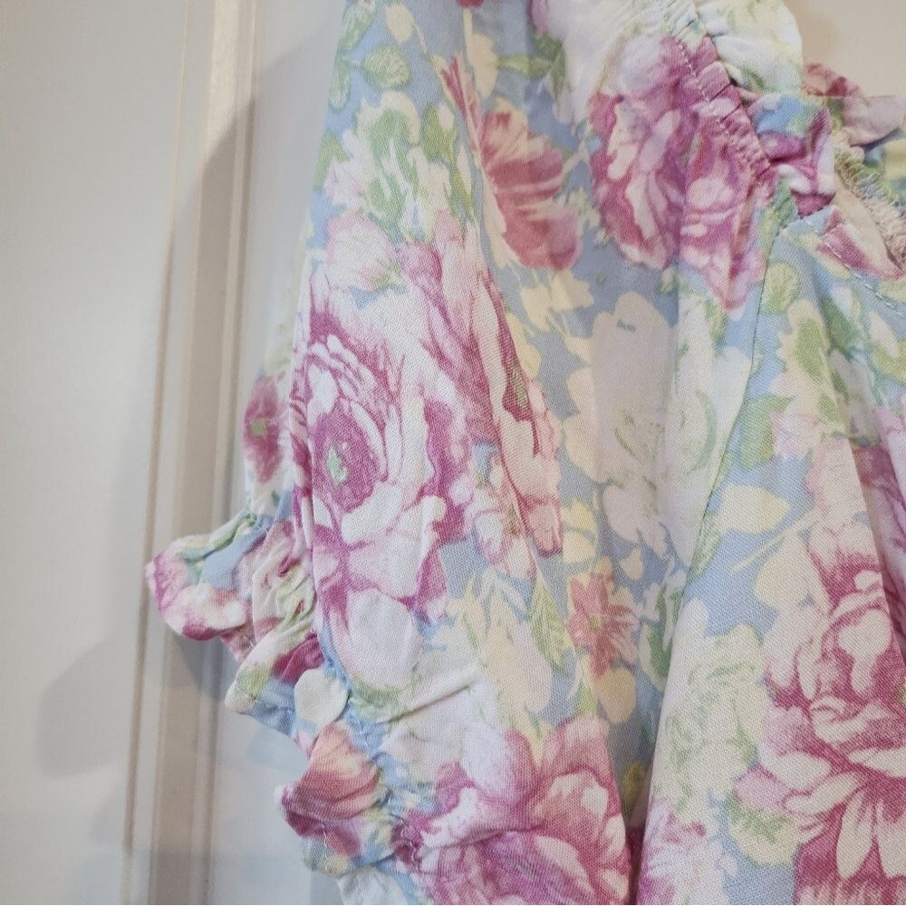 Almost Famous Women's Junior Blouse, Large, Puff Sleeve Pastel Rose Pink Blue - Picture 7 of 16